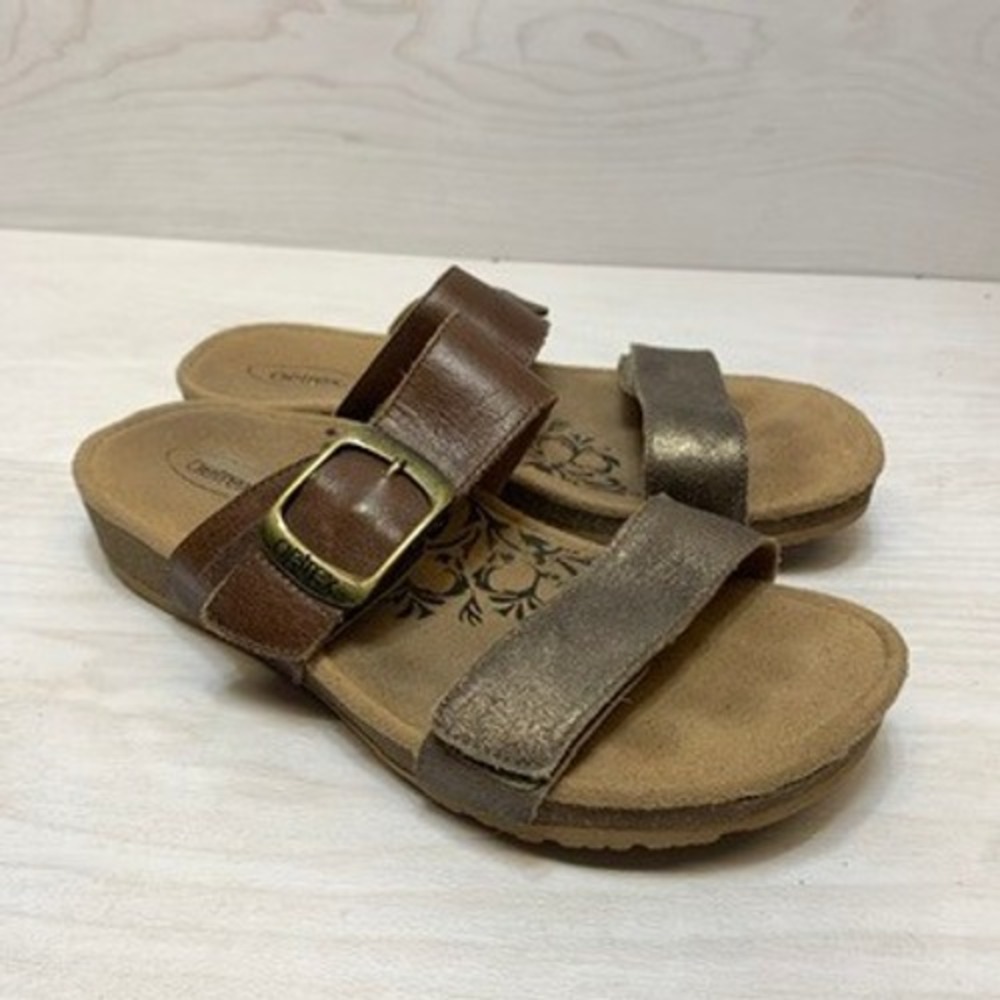 Aetrex Daisy Brown‎ Bronze Leather Comfort Slide Sandals SC542W Womens 7 EU 37